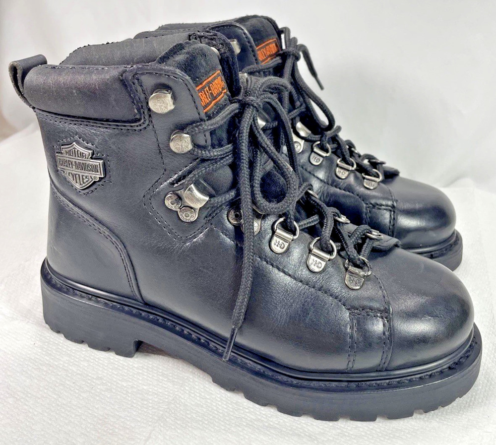 Harley Davidson Womens 5.5 Black Leather Lace Up Ankle Biker Motorcycle Boots